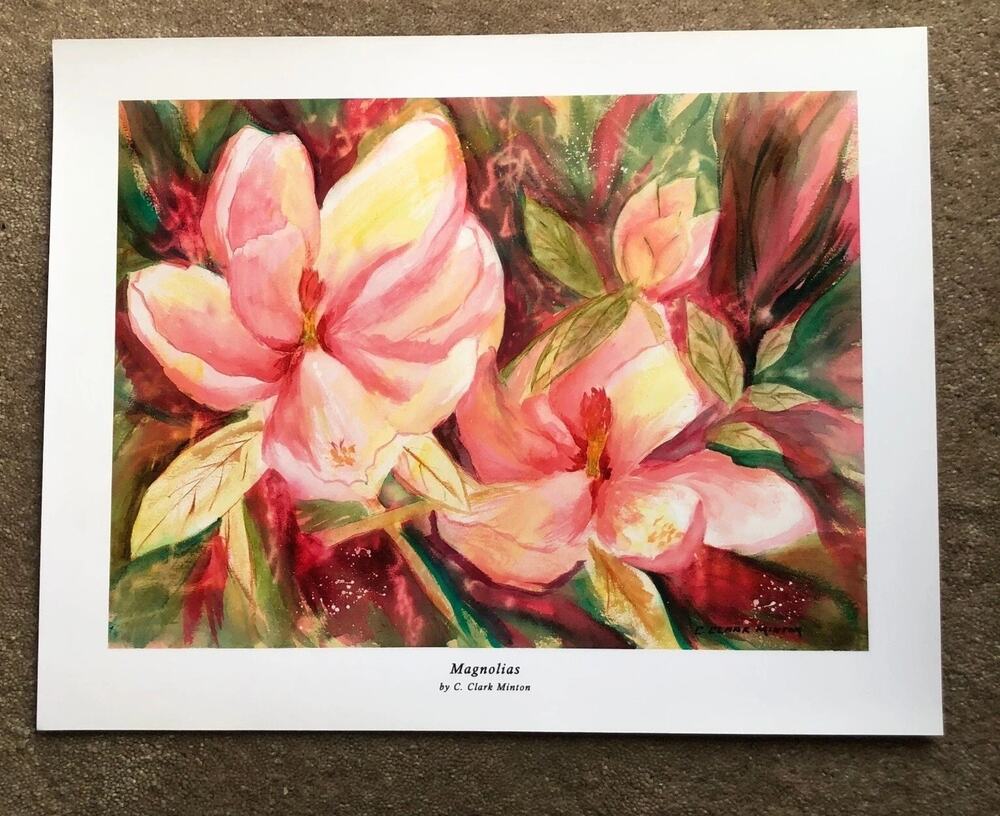 C. Clark Minton”Magnolias” Signed Art Print Floral Painting Pink Flower Wall Art